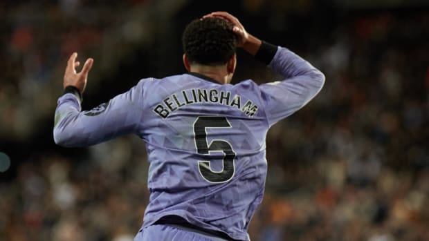Jude Bellingham pictured looking shocked after having a late goal disallowed during Real Madrid's La Liga game at Valencia in March 2024 because the ball crossed the goal-line after the referee had blown for full-time